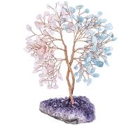 KYEYGWO Aquamarine & Rose Quartz Crystal Money Tree with Natural Amethyst Cluster Base, Fengshui Bonsai Tree Decoration Stone Lucky Gemstone Ornament for Home
