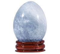 KYEYGWO Blue Celestite Crystal Egg with Wood Stand, Polished Stone Eggs Sphere Figurine for Easter Home Office Decor, Height 51-60 mm