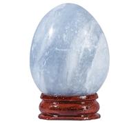 KYEYGWO Blue Celestite Crystal Egg with Wood Stand, Polished Stone Eggs Sphere Figurine for Easter Home Office Decor, Height 46-50 mm