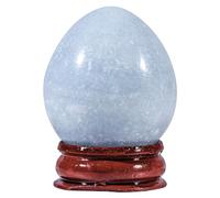 KYEYGWO Blue Celestite Crystal Egg with Wood Stand, Polished Stone Eggs Sphere Figurine for Easter Home Office Decor, Height 40-45 mm