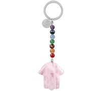 KYEYGWO Crystal Hamsa Hand Stone Keychain, 7 Chakra Beads Palm Pendant Key ring Pocket Hanging Ornament for Protection and Good Luck, Rose Quartz