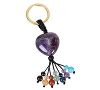 KYEYGWO Crystal Heart Healing Stone Keyring, 7 Chakra Beads Tassel Keychain Decorative, Handmade Lucky Charm Lanyard Pendant for Women, Amethyst