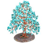 KYEYGWO Handmade Green Howlite Tuoquoise Crystal Money Tree for Good Luck Wealth Health, Figurine Bonsai on Natural Agate Slab 5"-5.9" High