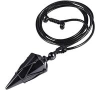KYEYGWO Hexagonal Crystal Pendant with Adjustable Leather Cord, Polished Pointed Quartz Stone Healing Necklace Reiki Pendulum Chain, Obsidian