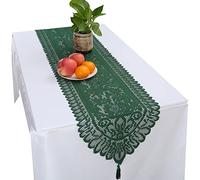 KYEYGWO Hollow Lace Table Runners Elegant Mesh Tablecloth Vintage Macrame Table Cover with Tassels for Rustic Boho Wedding Reception Decoration Bridal Showers, 70'' x 13'' Green