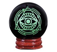 KYEYGWO Natural Black Obsidian Crystal Ball with Wooden Stand Eye of Providence Feng Shui Round Sphere Figurine for Home Office Decor, Green
