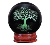 KYEYGWO Natural Black Obsidian Crystal Ball with Wooden Stand Tree of Life Feng Shui Round Sphere Figurine for Home Office Decor, Green