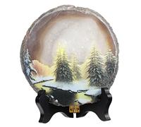 KYEYGWO Natural Irregular Agate Slice Painting Decor with Wooden Stand Agate Geode Slab for Desk Hallway, Forest by The River