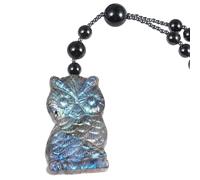KYEYGWO Natural Labradorite Owl Necklace with Long Beads Chain, Carved Crystal Stone Amulet Pendant Jewellery for Men Women