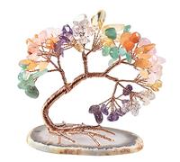 KYEYGWO Rainbow Crystal Money Tree FengShui Bonsai Figurines with Agate Slices Base, Crystal Tree Home Office Ornament for Good Luck and Wealth, 3-4 inches Tall