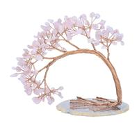 KYEYGWO Rose Quartz Crystal Money Tree FengShui Bonsai Figurines with Agate Slices Base, Crystal Tree Home Office Ornament for Good Luck and Wealth, 4.5-5.2 inches Tall