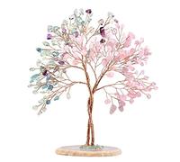 KYEYGWO Rose Quartz+Fluorite Crystal Stone Money Tree with Agate Slice Base Handmade Feng Shui Bonsai Tree Decoration Love Stone Tree Ornament for Fortune and Wealth