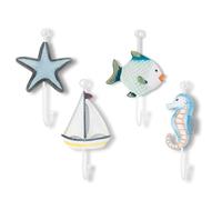 KYIEN Set of 4 Beach Towel Hanger Nautical Hooks for Wall Bathroom Coastal Decorative Starfish Sailboat Fish Seahorse Holders and Rack for Coat Clothes for Key Purse