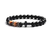 KYINYUECH 1pc 8mm Natural Stone Tiger Eye Black Matte Agates Bead Cross Men Women Bracelet Elastic Bracelet