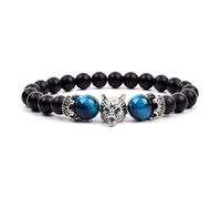 KYINYUECH 1pc Natural Stone Hand Wolf Head Bracelet Men Black Matte Agates Bead Yellow Red Blue Tiger Eye