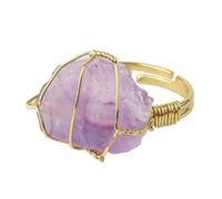 KYINYUECH 1pc Natural Stone Rings Irregular Wire Wrap Women Men Amethysts Fluorite Gold-color Resizable Quartz Ring