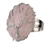 KYINYUECH 1pc Oval Natural Stone Finger Rings Silver-color Tree Of Life Wire Wrapped Resizable Women Ring