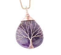 KYINYUECH 1pc Tree Of Life Water Drop Necklace Pendants Rose Gold Color Wrap Wire Natural Stone Purple Pink Quartz Pendants