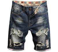Kyisoy Men's Casual Straight Leg Jeans Shorts Fashion Regular Fit Mid-Waist Distressed Ripped Stretchy Denim Shorts Pants, Blue2, 38