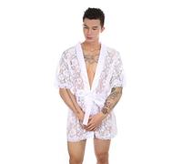 Kyisoy Mens Lace Robe Sissy Nightwear Open Front See Through Babydoll Chemises Short Sleeve Bathrobe Pajamas with Thong, White, M