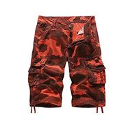 Kyisoy Men's Multi-Pocket Camo Cargo Shorts Loose Outdoor Cotton Twill Short Pants Relaxed Fit Camouflage Jogger Shorts, Red, 32