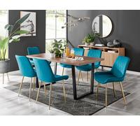 Furniture Box Kylo Brown Wood Effect Dining Table and 6 Blue Pesaro Gold Leg Chairs