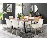 Kylo Large Brown Wood Effect Dining Table & 6 Pesaro Velvet Gold Leg Chairs FurnitureboxUK Cream One Size