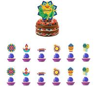 KYMY Happy Diwali Cake & Cupcake Toppers Set, 1PC Diyas Cake Topper & 12PCS Deepavali Rangoli Cupcake Picks, India Festival of Lights Birthday Table Decorations for Hindu Diwali Themed Party Supplies