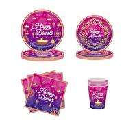 KYMY Happy Diwali Table Decorations, 60pcs Disposable Festival of Lights Party Dinnerware Set, Deepavali Rangoli Plates, Napkins & Cups for Indian Hindu Holiday Tableware, 12 Guests