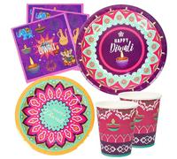 KYMY Happy Diwali Table Decorations, 64pcs Disposable Festival of Lights Party Dinnerware Set, Deepavali Rangoli Plates, Napkins & Cups for Indian Hindu Holiday Tableware, 16 Guests