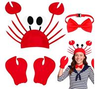 Kyndara 3Pcs Crab Costume Set, Funny Crab Accessories Set with Hat Claws Gloves Bow Tie for Sea Creature Fancy Dress Ocean Theme Parties World Book Day