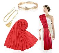 Kyndara 3PCS Greek God Costume Set, Ancient Roman Toga Dress Up Kit with Gold Leaf Headband Belt Red Sash for World Book Day Halloween Theme Party