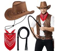 Kyndara 3Pcs Western Cowboy Hat Set, Wilde West Brim Hat with Paisley Bandana Whip Cowboy Fancy Dress for Adult Masquerade Country Music Festivals Theme Party Cosplay