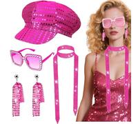 Kyndara 4Pcs Abba Costume for Women, Pink 1970s Disco Fancy Dress Accessories Set with Sequin Hat Bling Sunglasses Earrings Scarf for Adults Retro 70 Theme Party Dance