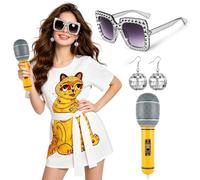 Kyndara 4Pcs Abba Costumes for Women, 70s Disco Fancy Dress Kit with 70s Vintage Dress Glasses Disco Ball Earrings Inflatable Microphone for Girls Theme Party Birthday Dance