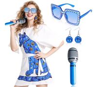 Kyndara 4Pcs Abba Costumes for Women, 70s Disco Fancy Dress Kit with 70s Vintage Dress Glasses Disco Ball Earrings Inflatable Microphone for Girls Theme Party Birthday Dance