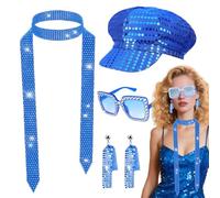 Kyndara 4Pcs Disco Costume for Women, 1970s Disco Fancy Dress Accessories Set with Sequin Hat Bling Sunglasses Earrings Scarf for Adults Retro 70 Theme Party Dance