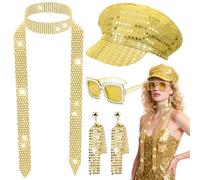 Kyndara 4Pcs Disco Costume for Women, 1970s Disco Fancy Dress Accessories Set with Sequin Hat Bling Sunglasses Earrings Scarf for Adults Retro 70 Theme Party Dance (Gold)