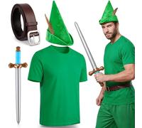 Kyndara 4Pcs Forest Hero Costume Set, Medieval Archer Cosplay Outfit with Green T-Shirt Pointed Hat Belt Inflatable Props for World Book Day Halloween Themed Parties