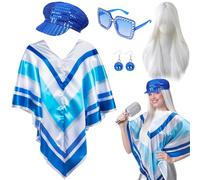 Kyndara 5Pcs Abba Fancy Dress Costume for Women, 1970s Disco Accessories Set with Disco Poncho Hat Wig Earrings Glasses for Adults Retro 70 Theme Party Dance
