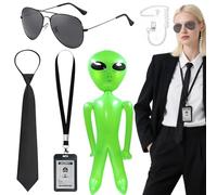 Kyndara 5Pcs Agent Costume Accessory Set, Secret Security Guard Outfit Kit with Sunglasses Headphones Ties ID Card Inflatable Green Aliens for Women Men Halloween MIB Cosplay Theme Party