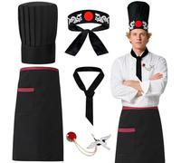 Kyndara 5Pcs Hibachi Chef Outfit Kit, Japanese Chef Costume Set with Apron Hat Headband Tie Brooch for Teppanyaki Cooking Cosplay Halloween Party