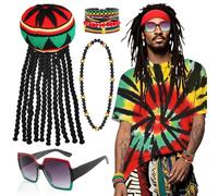 Kyndara 5Pcs Rasta Costume Accessories Set, Jamaican Reggae Outfit Kit with T-Shirts Hats Rasta Sunglasses Necklaces Bracelets for Men Women Carnival Cosplay Parties