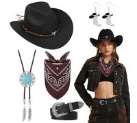 Kyndara 5Pcs Western Cowboy Hat Set for Women, Cowgirl Costume Accessory Set with Hat Necklace Earring Belt Bandana for Masquerade Halloween Parties