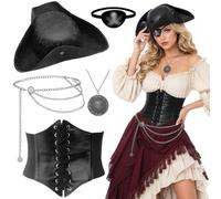 Kyndara 5Pcs Women’s Pirate Costume Accessories Set, Pirate Role Play Outfit Kit with Faux Leather Hat Eye Patch Waistband Necklace Waist Chain for Adult Halloween Cosplay Party Stage Performance