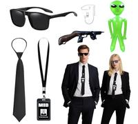 Kyndara 6Pcs Agent Costume Accessory Set, Secret Security Guard Outfit Kit with Sunglasses Headphones Ties ID Card Inflatable Gun Green Aliens for Women Men Halloween MIB Cosplay Theme Party