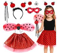 Kyndara 6Pcs Ladybird Costume for Kids, Complete Ladybug Dress Up Set with Tutu Skirt Wings Headband Mask Wand Ear Clips for Girls World Book Day Carnival Halloween