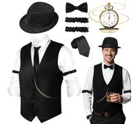 Kyndara 7Pcs 1920s Men Costume Accessories Set, Vintage Gangster Classic Fancy Dress Up with Black Vest Hat Tie Armband Pocket Watch Bow Tie for Retro Roaring Theme Party Gatsby Cosplay Carnival