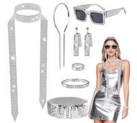 Kyndara 7Pcs 1970s Disco Fancy Dress Kit for Women, Silver Disco Costume Accessories Set with Necklace Sunglasses Earrings Bracelet Ring Headband for Adults Retro Hippie Party
