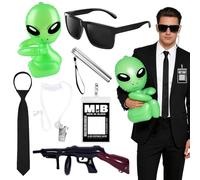 Kyndara 7Pcs Agent Costume Accessories Set for Men Women, Secret Security Guard Outfit Kit with Sunglasses Tie ID Badge Headphones Inflatable Alien for Adult Halloween Fancy Dress Costume Parties